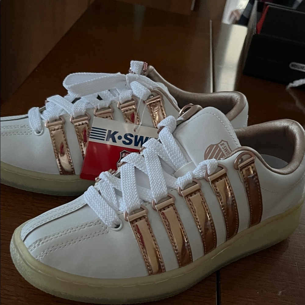 K-Swiss White and Rose Gold Women's Athletic Sneakers